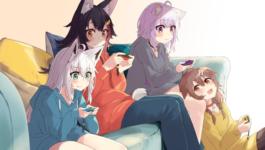 shirakami fubuki, nekomata okayu, ookami mio, and inugami korone (hololive) drawn by nuko_miruku