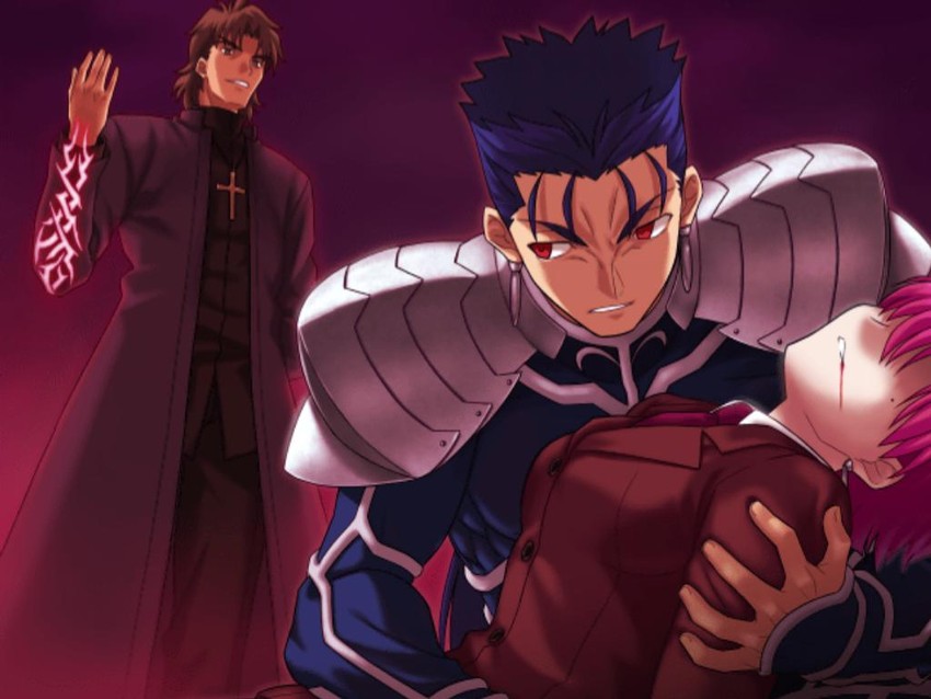cu chulainn, kotomine kirei, and bazett fraga mcremitz (fate and 3 more) drawn by higurashi_ryuuji