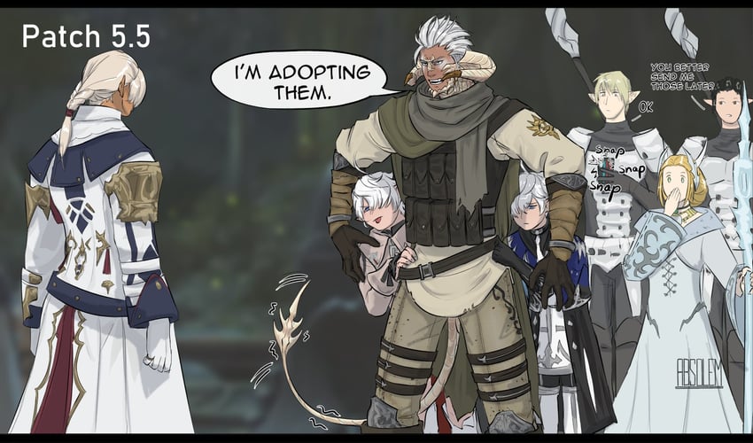 warrior of light, alisaie leveilleur, alphinaud leveilleur, kan-e-senna, and fourchenault leveilleur (final fantasy and 1 more) drawn by absolem0