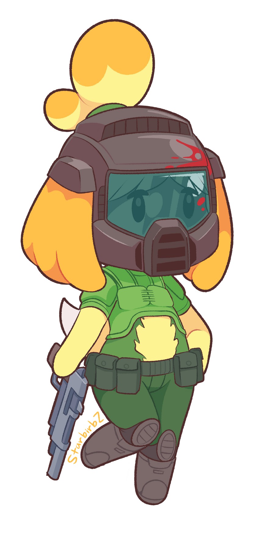 isabelle and doomguy (animal crossing and 1 more) drawn by starbirbz
