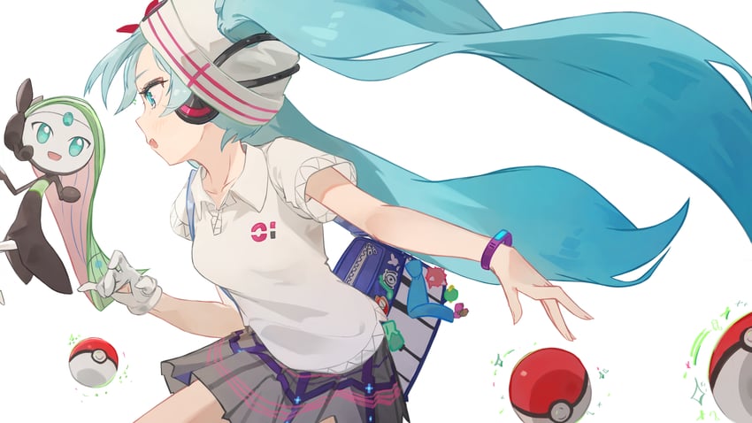 hatsune miku, meloetta, and psychic miku (pokemon and 2 more) drawn by mihoranran