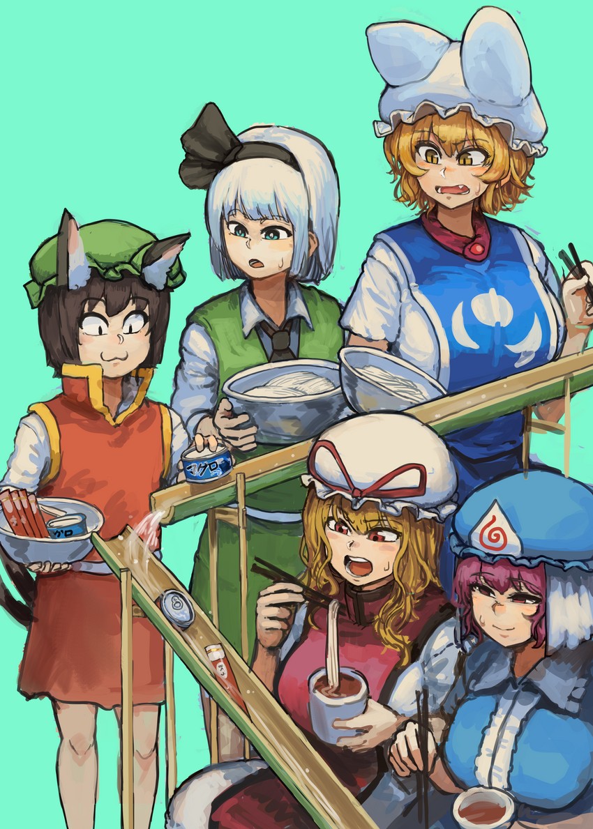 konpaku youmu, yakumo yukari, saigyouji yuyuko, yakumo ran, and chen (touhou) drawn by chanta_(ayatakaoisii)