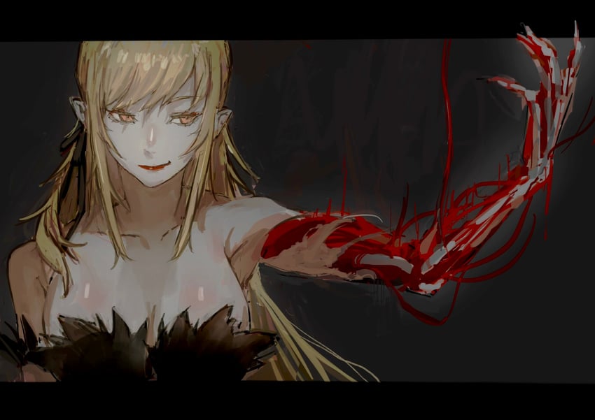 oshino shinobu and kiss-shot acerola-orion heart-under-blade (monogatari) drawn by taki_(a313131333)
