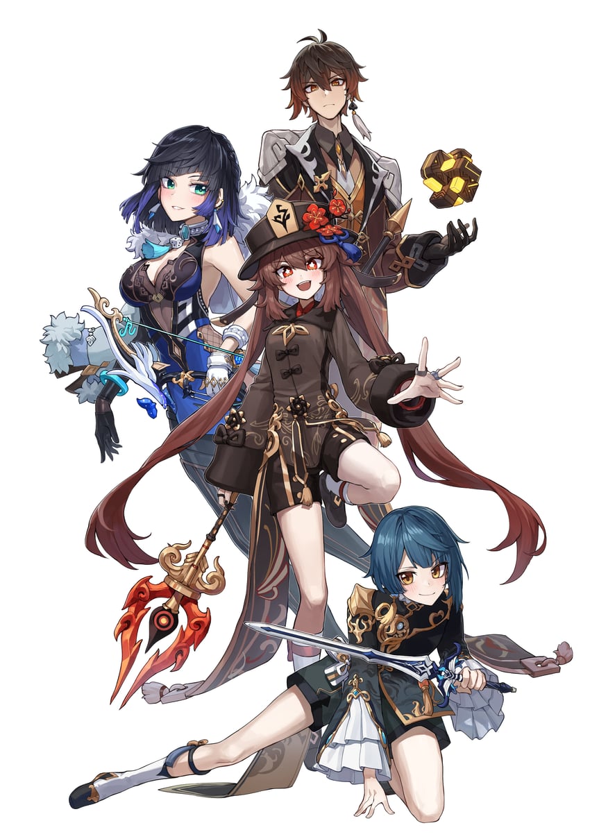 hu tao, zhongli, yelan, and xingqiu (genshin impact) drawn by kokukyukeo