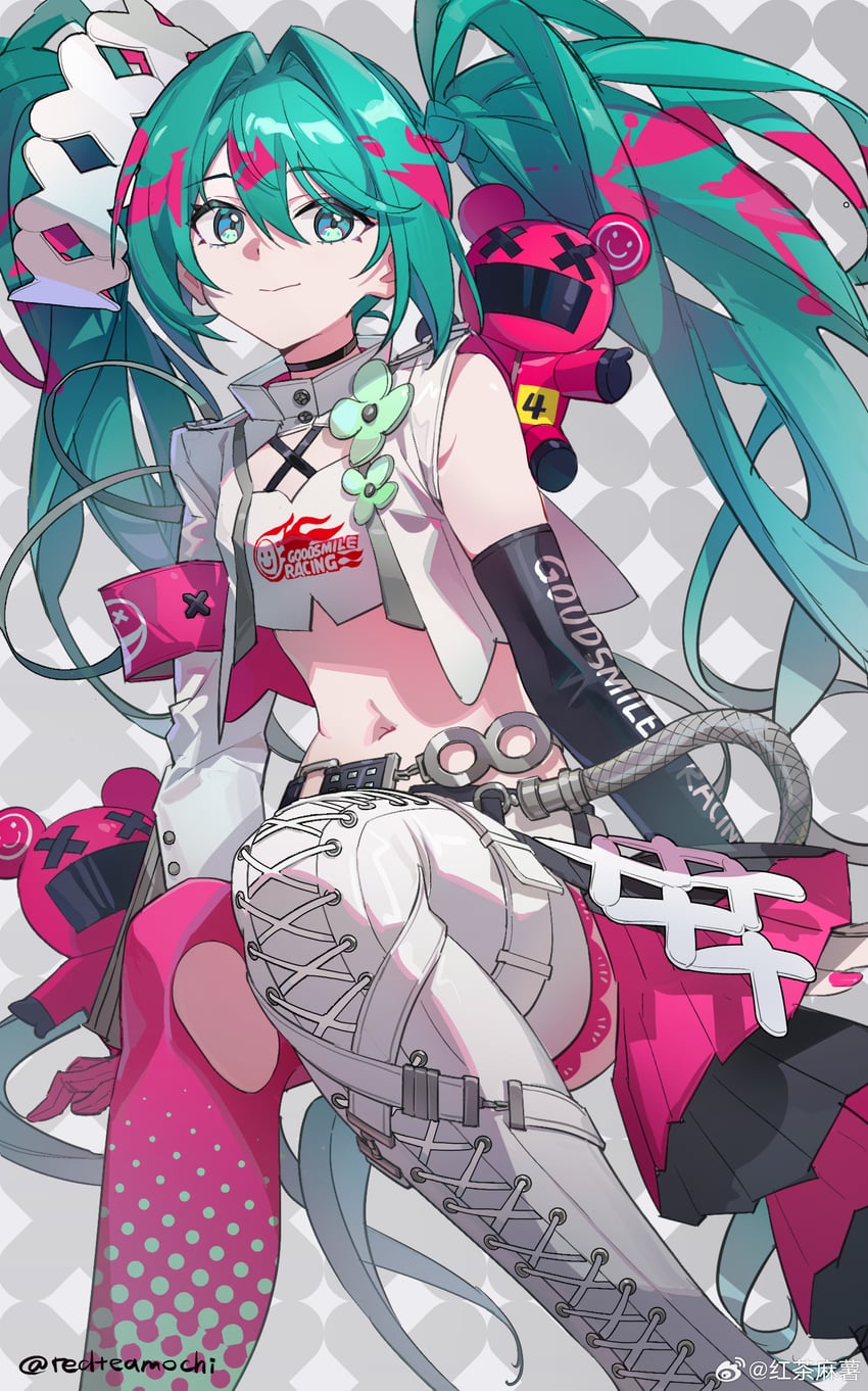 hatsune miku and racing miku (vocaloid and 1 more) drawn by hongchamashu