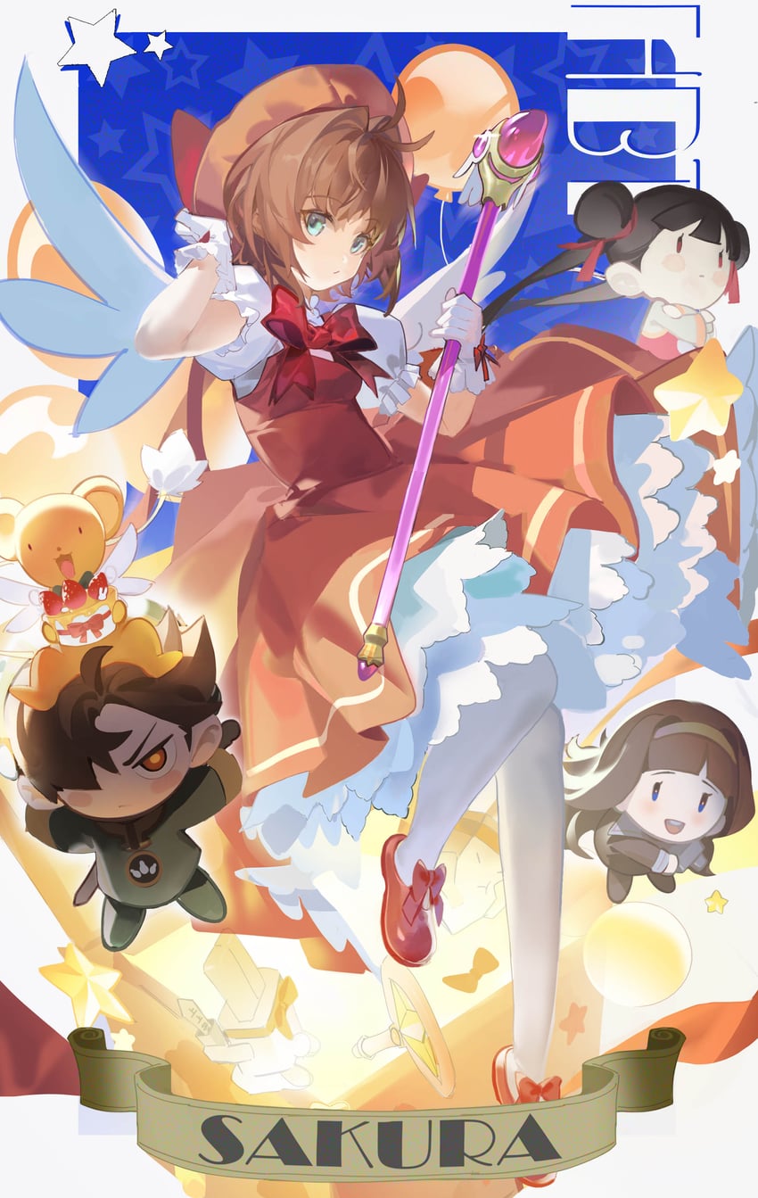 kinomoto sakura, kero, daidouji tomoyo, li syaoran, and li meiling (cardcaptor sakura) drawn by lfpwrk0vlocrzl4