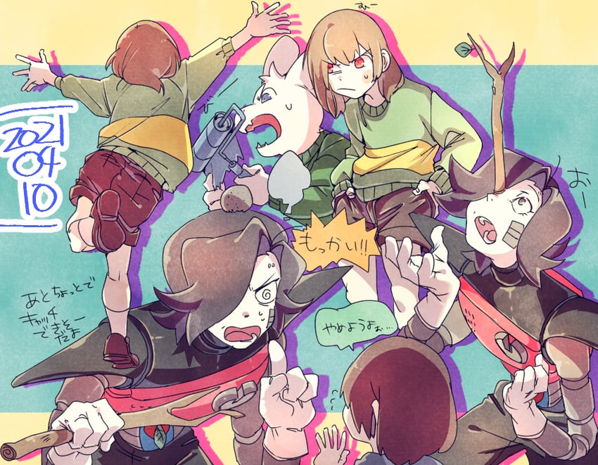 frisk, chara, asriel dreemurr, mettaton, and mettaton ex (undertale) drawn by kuga_hotaru