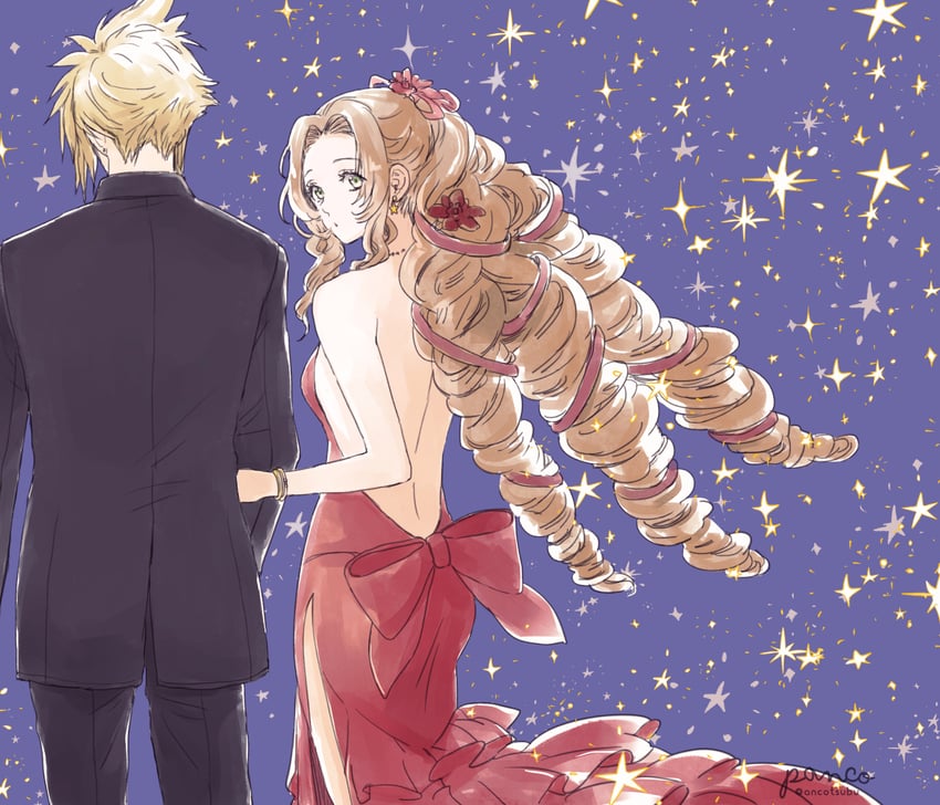 cloud strife and aerith gainsborough (final fantasy and 2 more) drawn by ancotsubu