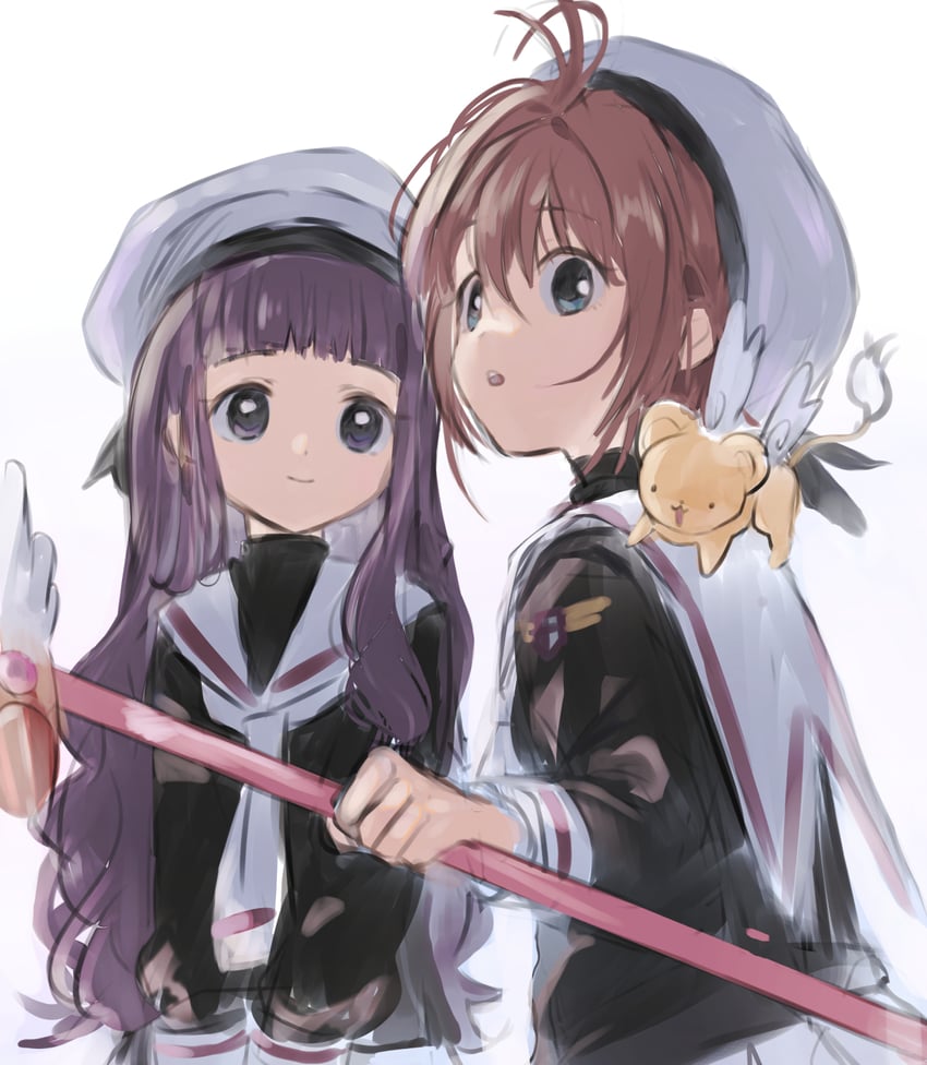 kinomoto sakura, kero, and daidouji tomoyo (cardcaptor sakura) drawn by hano_luno