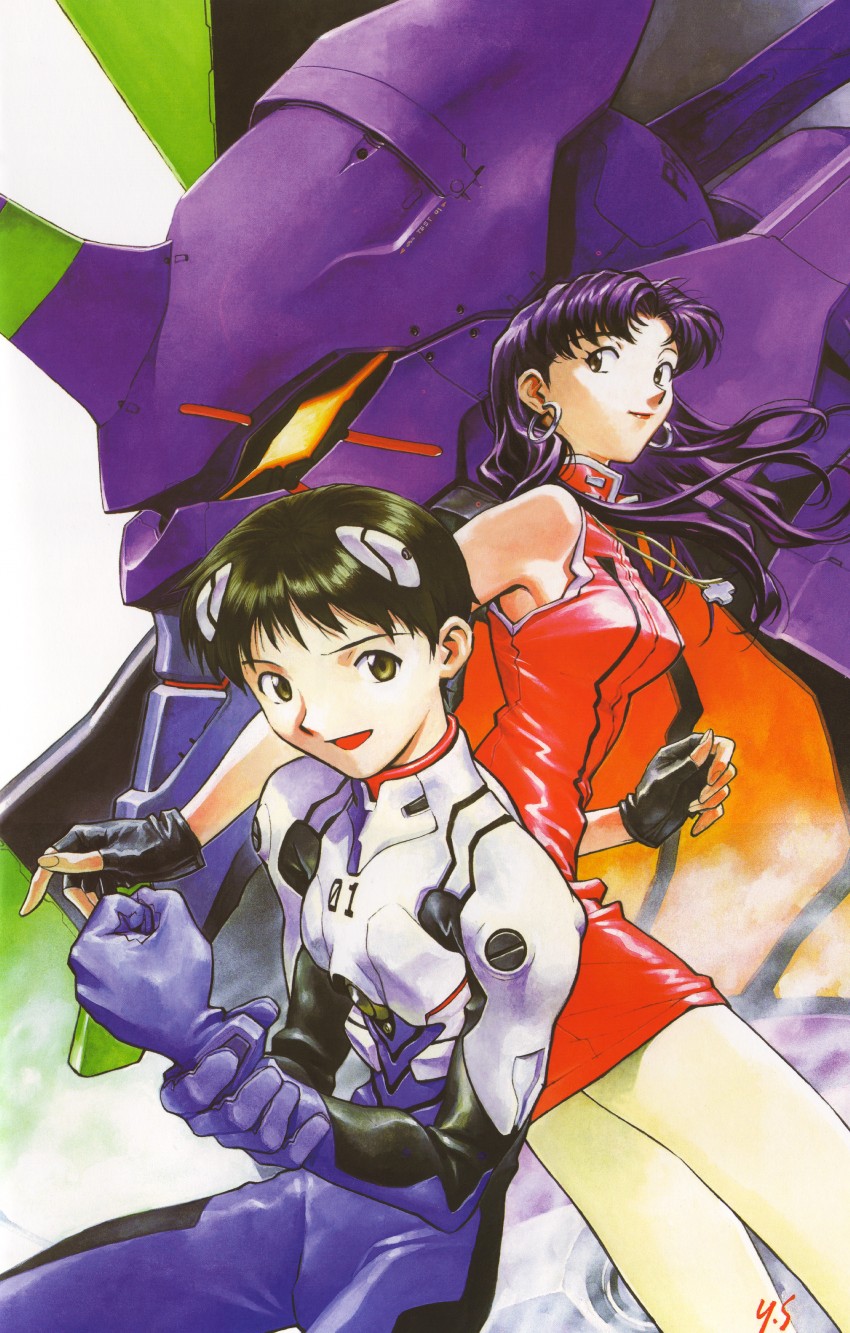 ikari shinji, katsuragi misato, and eva 01 (neon genesis evangelion) drawn by sadamoto_yoshiyuki