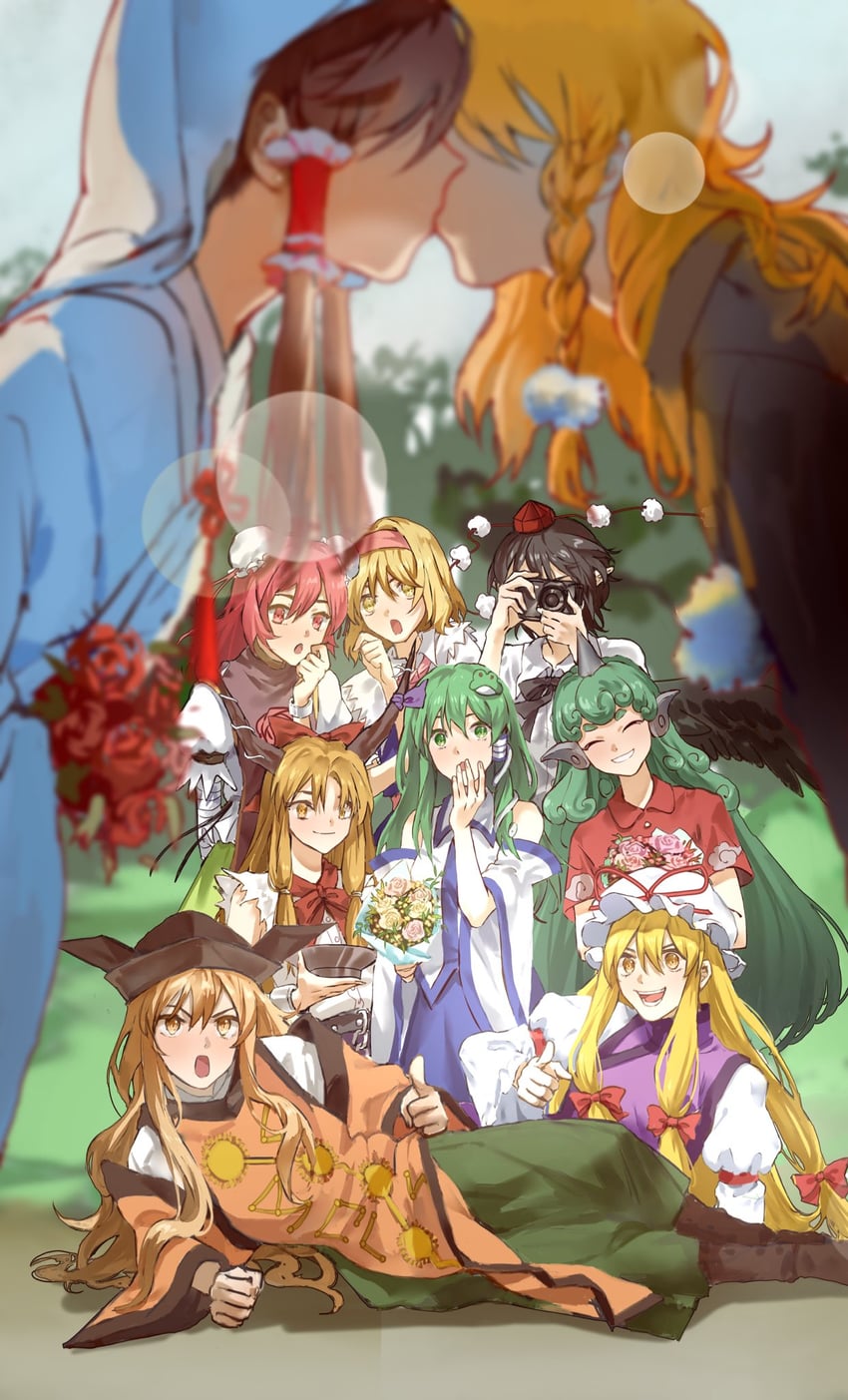 hakurei reimu, kirisame marisa, kochiya sanae, alice margatroid, yakumo yukari, and 5 more (touhou) drawn by aihara-rina