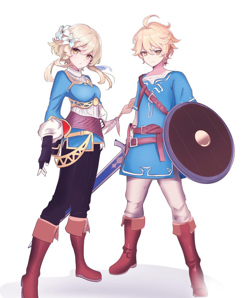 lumine, link, princess zelda, and aether (genshin impact and 2 more) drawn by cringywoomy
