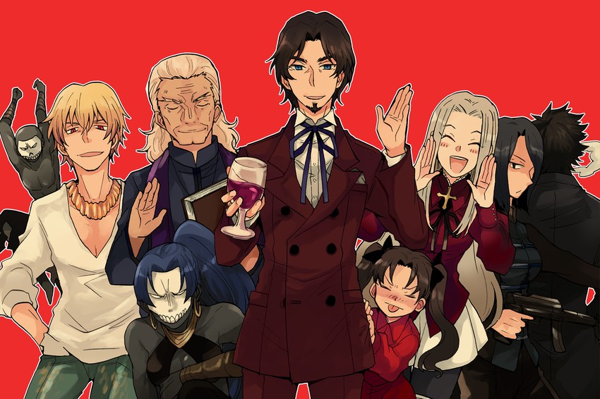 tohsaka rin, emiya kiritsugu, irisviel von einzbern, tohsaka tokiomi, assassin, and 4 more (fate and 1 more) drawn by sudachips