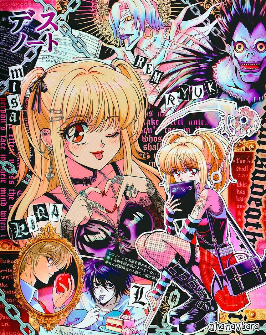 yagami light, l, amane misa, ryuk, and rem (death note) drawn by hanavbara