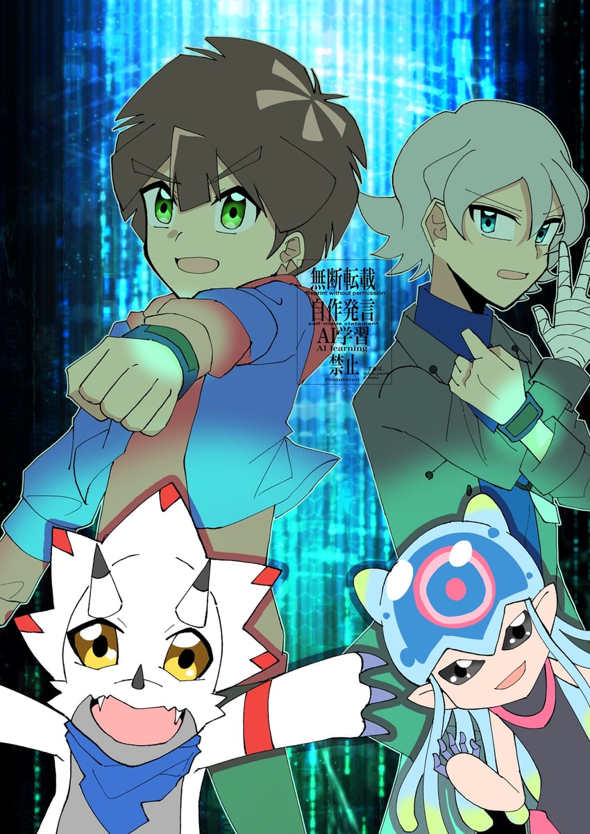 jellymon, gammamon, higashimitarai kiyoshiro, and amanokawa hiro (digimon and 1 more) drawn by zuhana