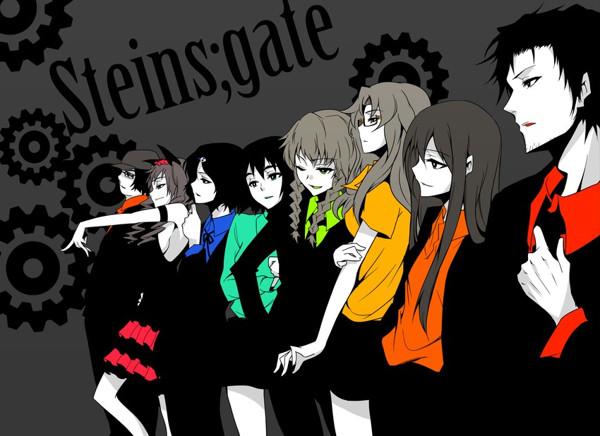 makise kurisu, okabe rintarou, shiina mayuri, amane suzuha, urushibara ruka, and 3 more (steins;gate) drawn by ex_hien