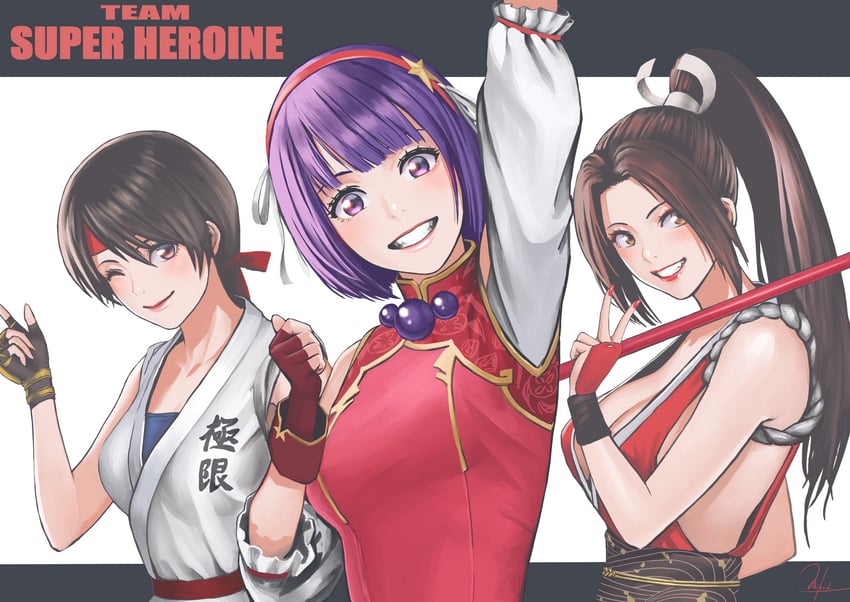 shiranui mai, yuri sakazaki, and asamiya athena (the king of fighters and 4 more) drawn by murasaki-sin