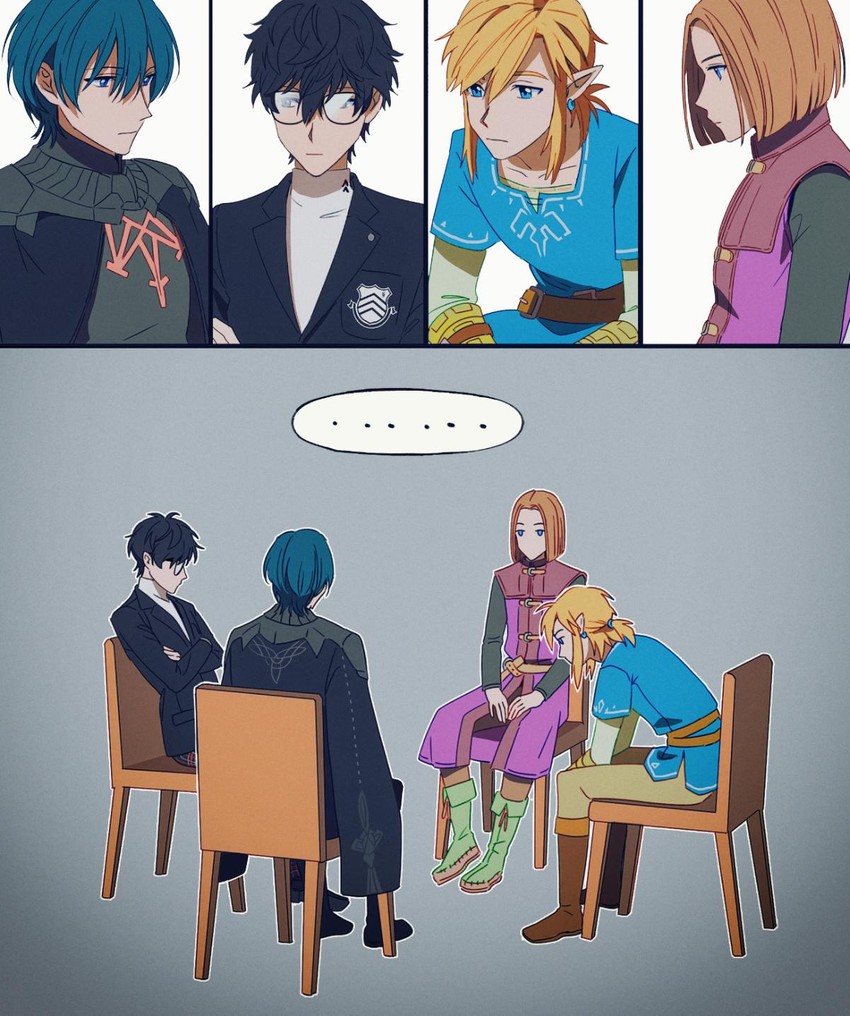 link, amamiya ren, male byleth, and hero (fire emblem and 8 more) drawn by sophie_(693432)