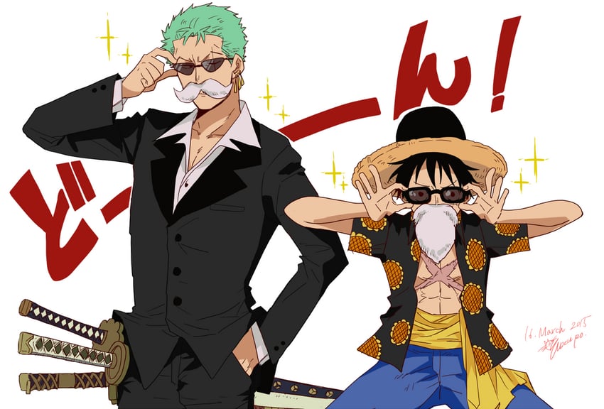 monkey d. luffy and roronoa zoro (one piece) drawn by chi-ron