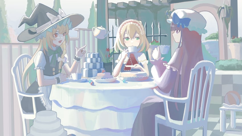 kirisame marisa, alice margatroid, and patchouli knowledge (touhou) drawn by longwatry