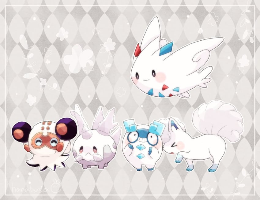 alolan vulpix, togekiss, galarian corsola, clobbopus, and galarian darumaka (pokemon) drawn by hanabusaoekaki