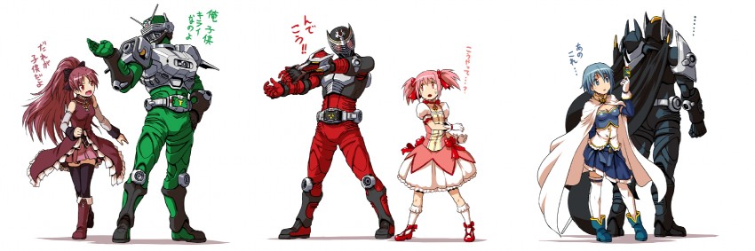 kaname madoka, miki sayaka, sakura kyoko, kamen rider ryuki, kamen rider knight, and 1 more (mahou shoujo madoka magica and 2 more) drawn by kaneko_tsukasa
