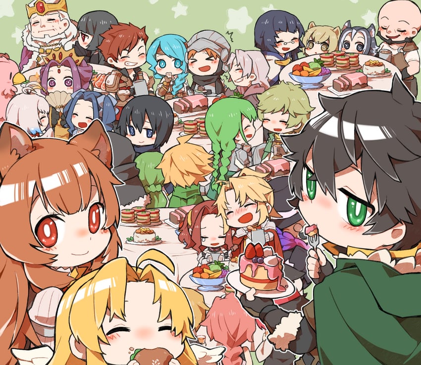 raphtalia, iwatani naofumi, filo, melty q melromarc, malty s melromarc, and 19 more (tate no yuusha no nariagari) drawn by shunrai