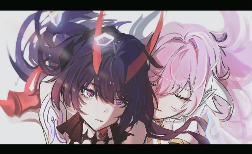 raiden mei and elysia (honkai and 1 more) drawn by nuomizhiaigaojuanxingya