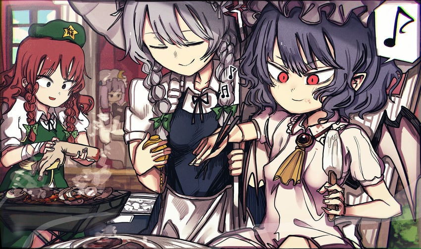 remilia scarlet, izayoi sakuya, patchouli knowledge, and hong meiling (touhou) drawn by piaki
