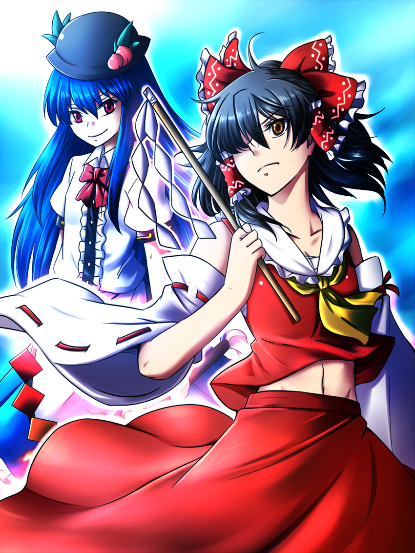 hakurei reimu and hinanawi tenshi (touhou) drawn by samuimu