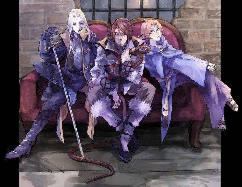 alucard, trevor c. belmont, and sypha belnades (castlevania) drawn by piyox9