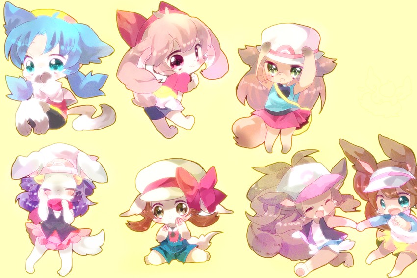dawn, may, rosa, hilda, leaf, and 2 more (pokemon and 7 more) drawn by nekoto_rina