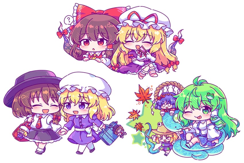 hakurei reimu, kochiya sanae, yakumo yukari, moriya suwako, yasaka kanako, and 2 more (touhou) drawn by kaoling