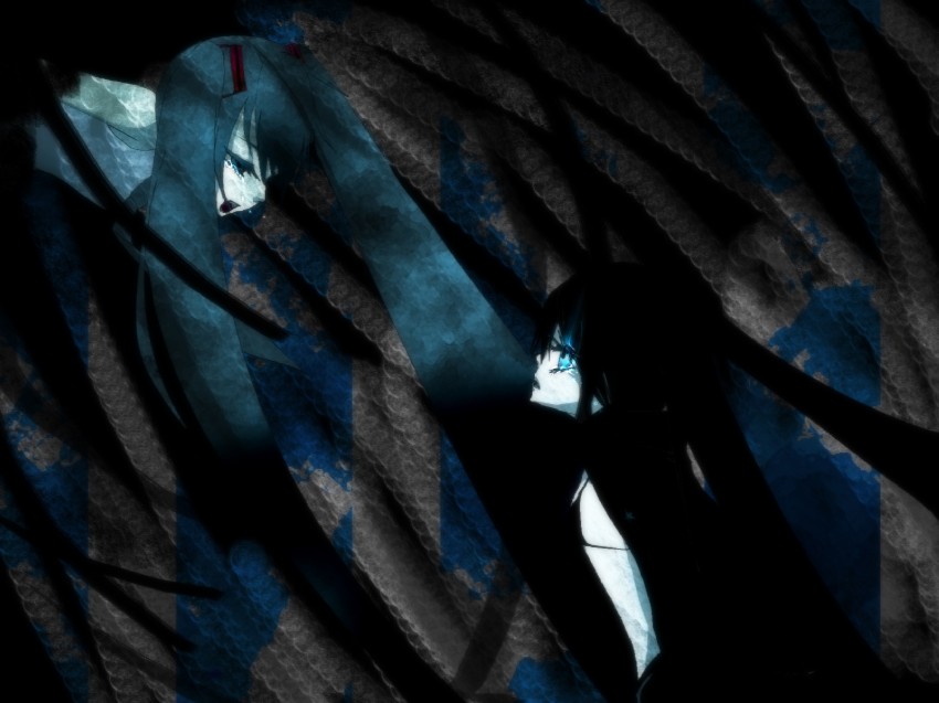 hatsune miku and black rock shooter (vocaloid and 1 more) drawn by memai