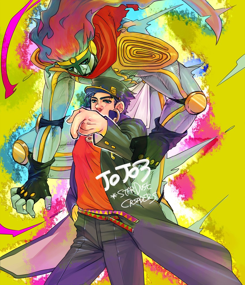 kujo jotaro and star platinum (jojo no kimyou na bouken and 1 more) drawn by siori