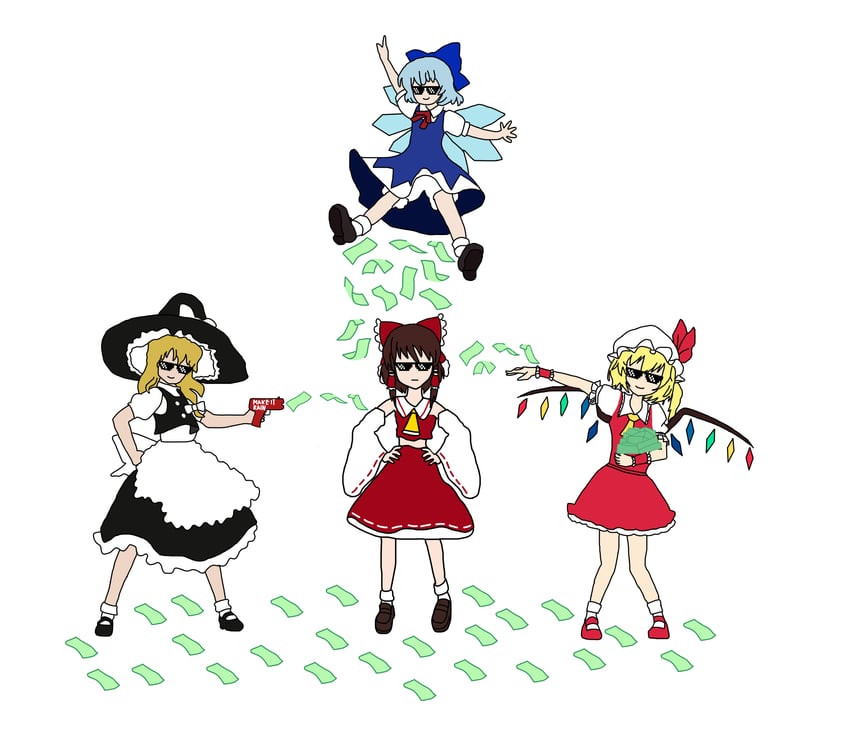 hakurei reimu, kirisame marisa, flandre scarlet, and cirno (touhou) drawn by depressionhs