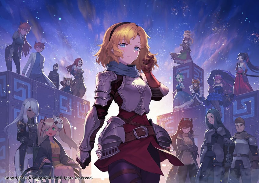 future princess, innkeeper loraine, vampire girl karina, innuit girl coco, swordsman akayuki, and 10 more (guardian tales) drawn by nakamura_eight