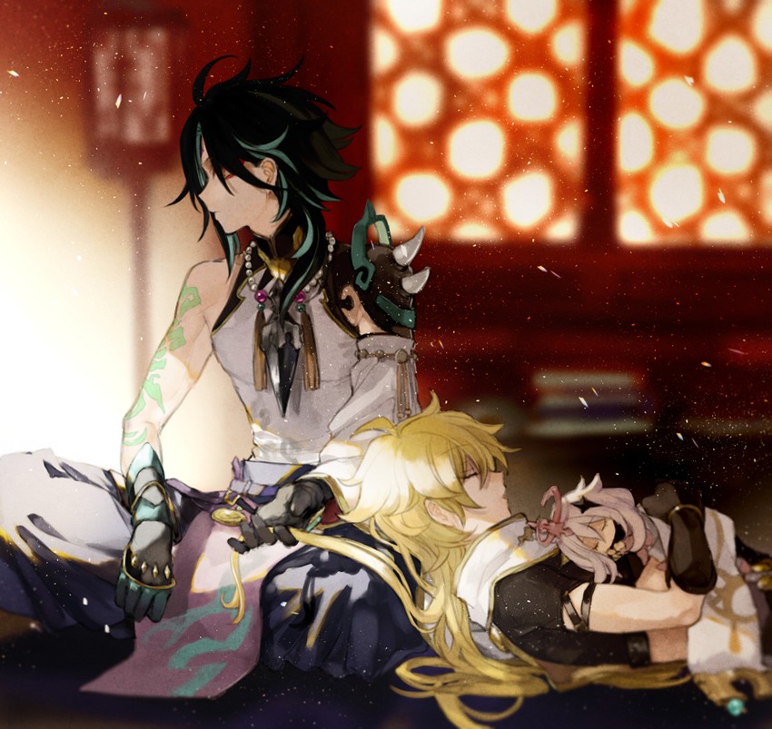 aether, paimon, and xiao (genshin impact) drawn by maka_(morphine)