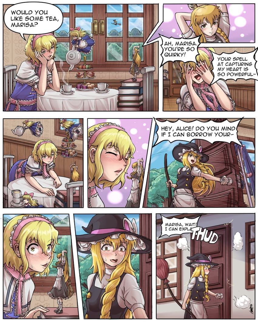 kirisame marisa, alice margatroid, and shanghai doll (touhou and 1 more) drawn by buhbuhbored