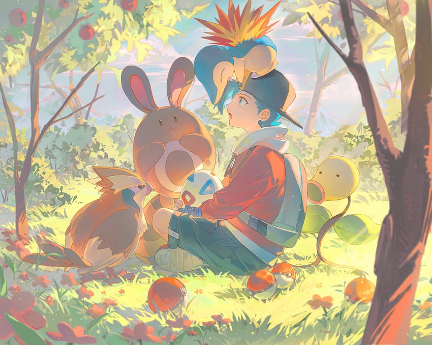 ethan, cyndaquil, sentret, pidgey, and bellsprout (pokemon and 1 more) drawn by bakutiku