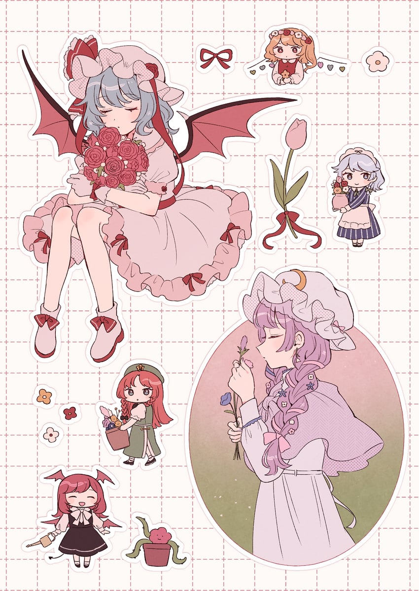 remilia scarlet, flandre scarlet, izayoi sakuya, patchouli knowledge, hong meiling, and 1 more (touhou and 1 more) drawn by mozukuzu_(manukedori)