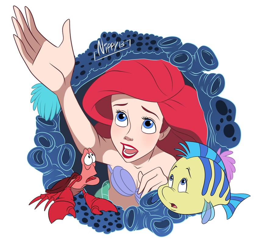 ariel, flounder, and sebastian (the little mermaid) drawn by nippy13