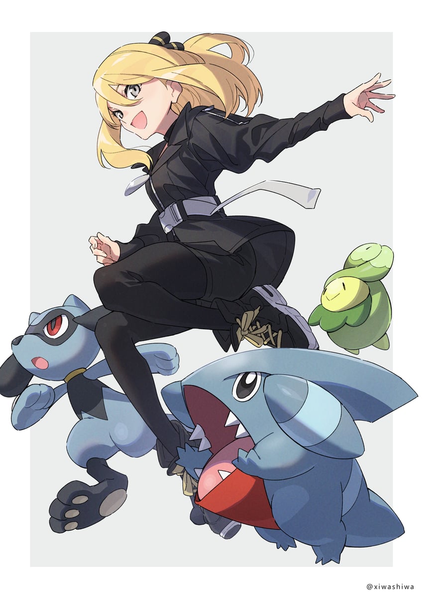 cynthia, riolu, gible, and budew (pokemon and 1 more) drawn by xia_(ryugo)