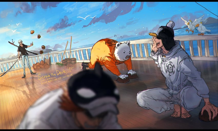 trafalgar law, bepo, penguin, and shachi (one piece) drawn by plytometo