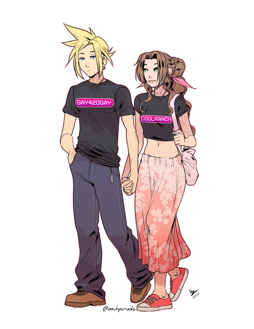 cloud strife and aerith gainsborough (final fantasy and 1 more) drawn by vashperado
