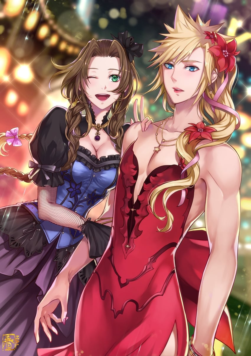 cloud strife and aerith gainsborough (final fantasy and 2 more) drawn by halu-ca