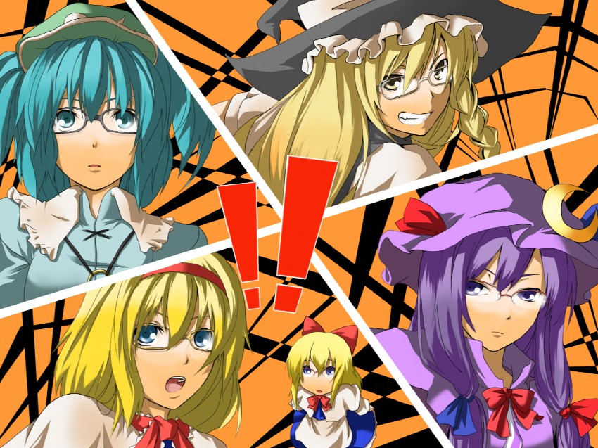 kirisame marisa, alice margatroid, patchouli knowledge, kawashiro nitori, and shanghai doll (touhou and 2 more) drawn by kinsenka