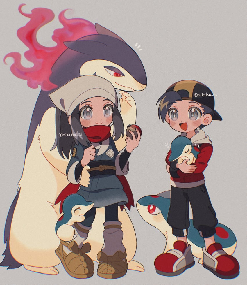 akari, ethan, cyndaquil, hisuian typhlosion, and quilava (pokemon and 2 more) drawn by mikakami1e