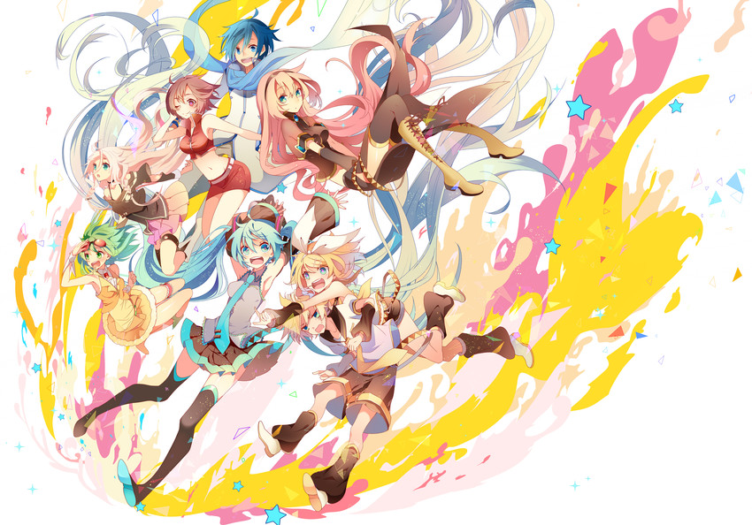 hatsune miku, kagamine rin, kagamine len, megurine luka, kaito, and 3 more (vocaloid) drawn by temari_(deae)
