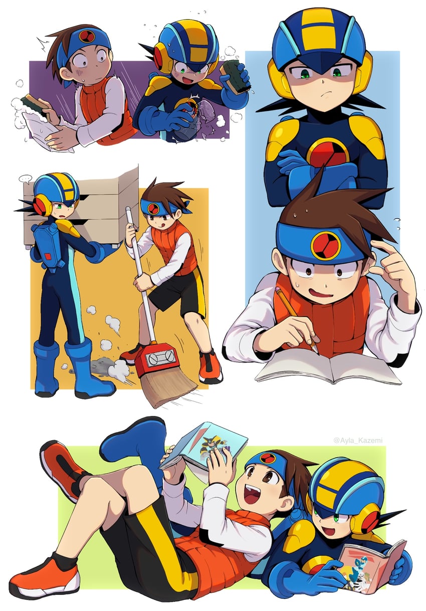 mega man, megaman.exe, lan hikari, bass, treble, and 4 more (mega man and 2 more) drawn by ayla_kazemi